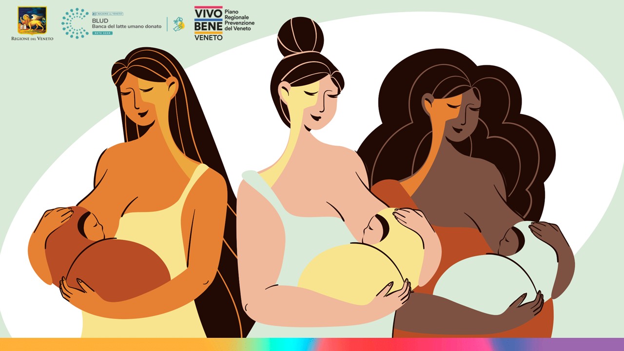 Immagine di tre donne di etnie diverse che allattano i propri figli neonati, in stile cartone animato, con loghi regionali di Vivo Bene Veneto e del Sistema Socio Sanitario Regionale