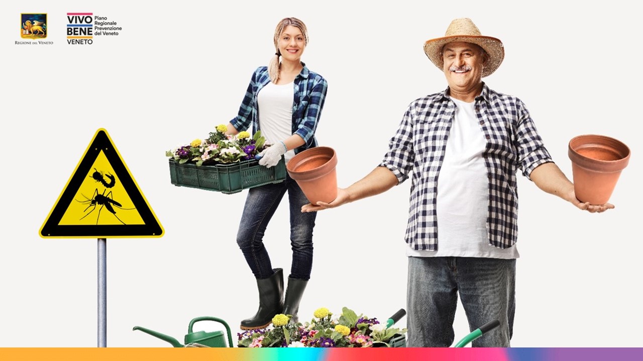 Immagine di un uomo e una donna con fiori e attrezzi da giardinaggio, accanto a un cartello che indica di fare attenzione alle zanzare e alle zecche, con logo di Vivo Bene Veneto