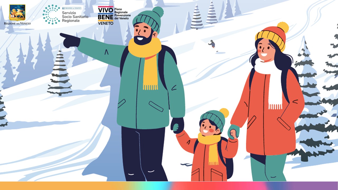 Immagine di una famiglia, composta da mamma, papà e bambino, che si diverte in montagna durante l'inverno