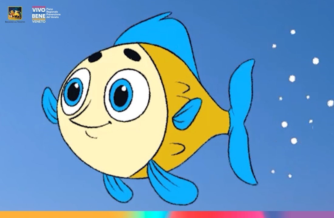 Immagine del cartone animato Salvo, il pesciolino che parla della prevenzione degli annegamenti nel video realizzato dall'ISS, con logo di Vivo Bene Veneto