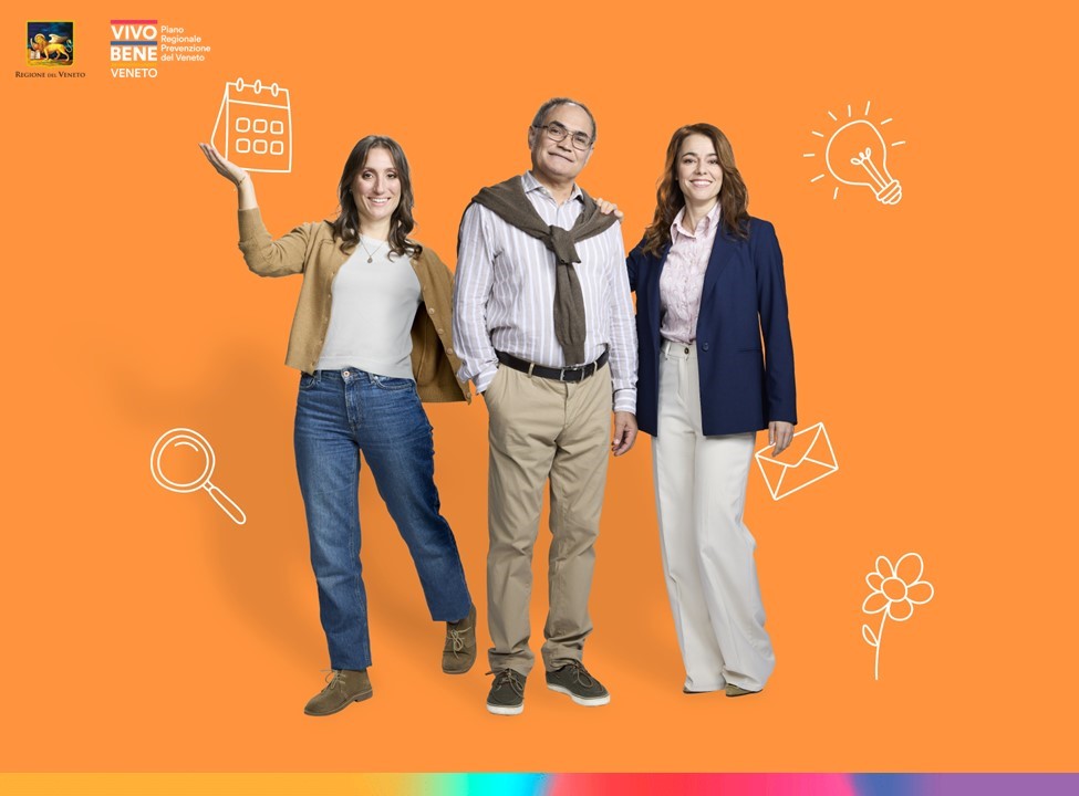 Immagine di un uomo e due donne, di età diverse, che rappresentano i destinatari dei tre screening oncologici gratuiti resi disponibili dalla Regione del Veneto, con logo di Vivo Bene Veneto