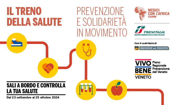 Immagine che riporta la grafica del Treno della Salute, con i loghi di Medici con l'Africa Cuamm, Trenitalia e Vivo Bene Veneto e invito a visitarlo dal 23 settembre al 25 ottobre 2024