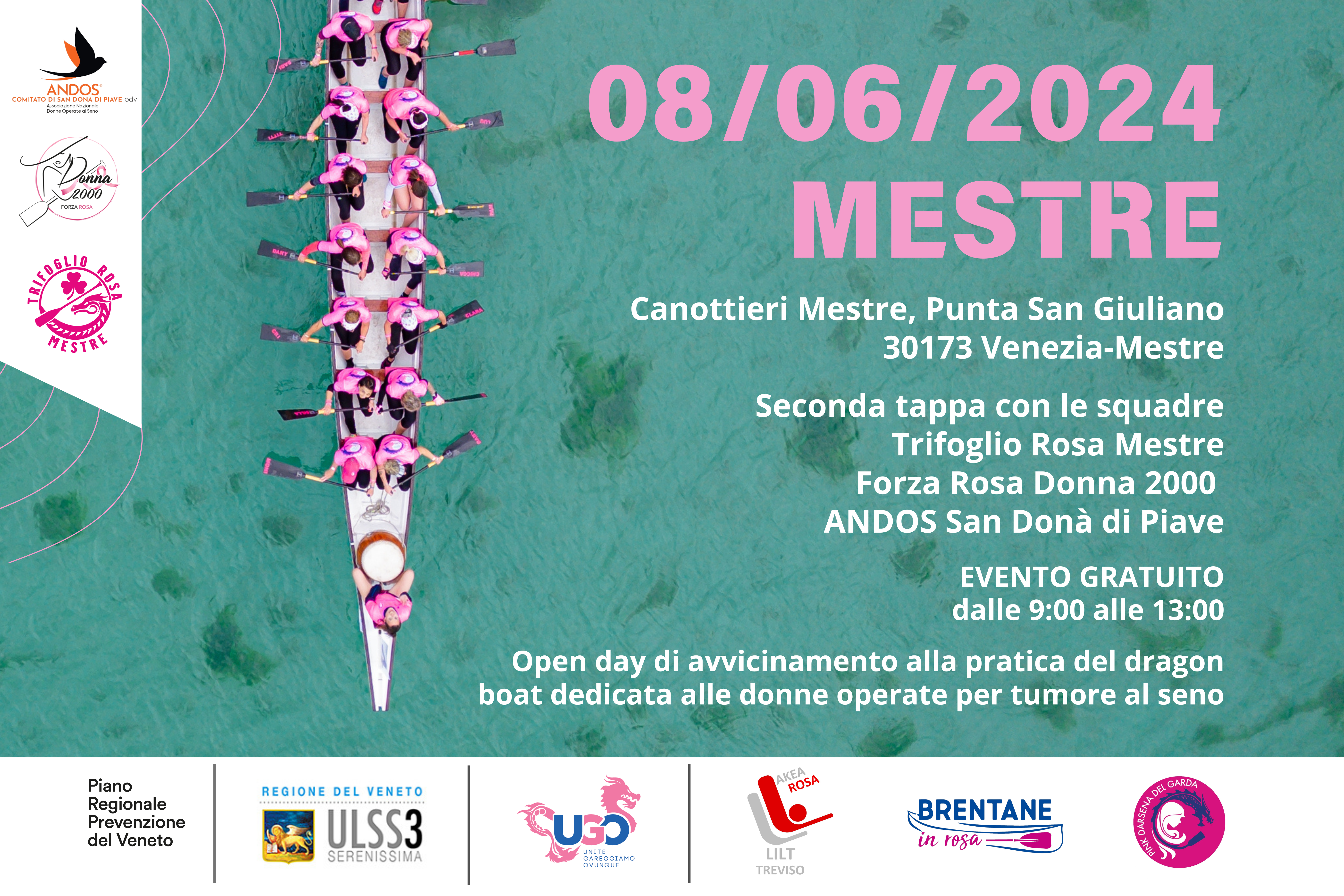 Immagine di donne che pagaiano sulla Dragon Boat, con luogo, data e altre informazioni sull'open day di Mestre